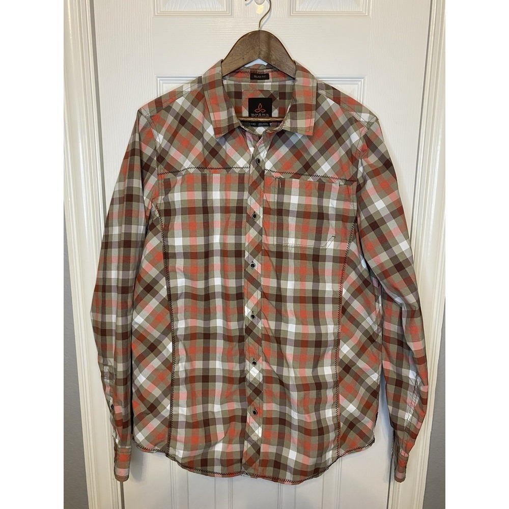 Prana Button Down Shirt Mens Large Long Sleeve Western Cowboy Orange Brown Plaid